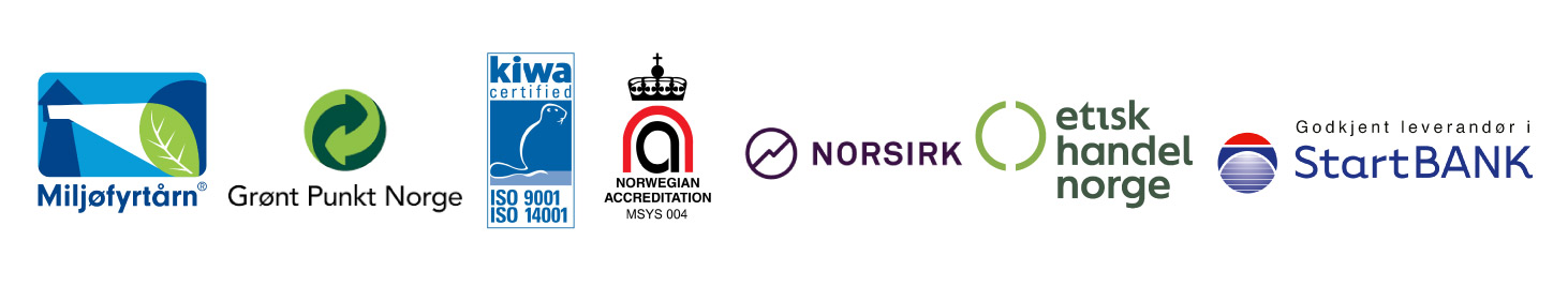 Iso 9001, ISO 14001, bærekraftig profilering Grønt Punkt Norge, Miljøfyrtårn, Norsirk, Etisk Handel Norge, Profilforum, Startbank